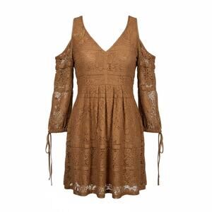 Anama Bohemian Camel Tan Tiered Lace Cold Shoulder Dress Size Small